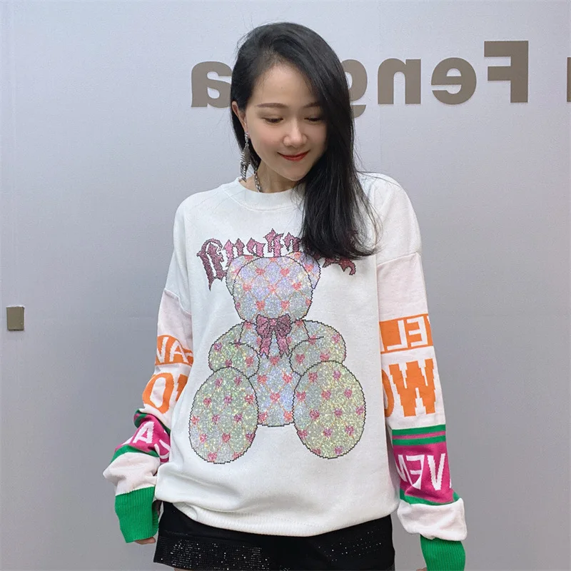 Fashion Cartoon Bear Rhinestones Sweatshirt Top Womens Autumn Clothing Letter Printed Sleeve Loose Pullover Hoodie Ropa De Mujer