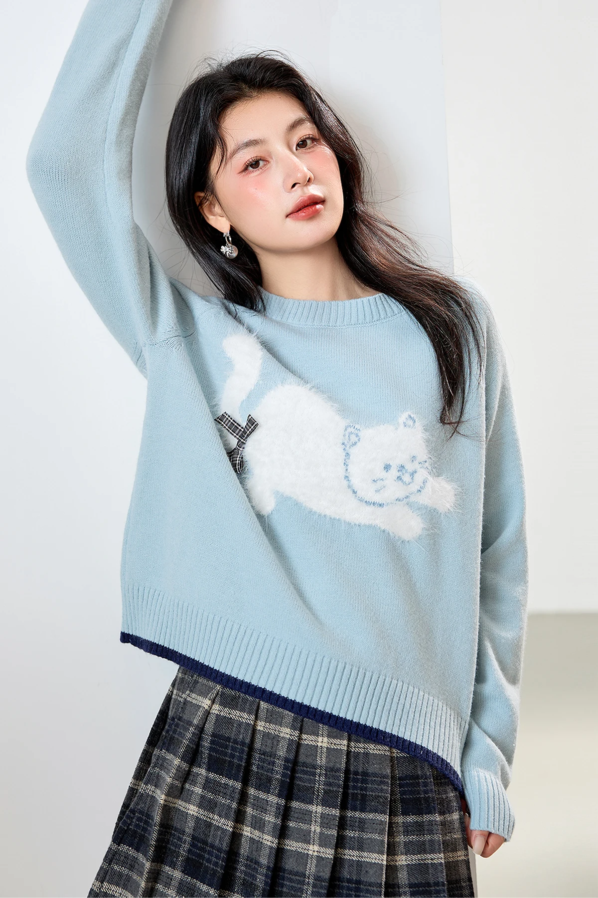 

Пуловер с синим котом, вязаный свитер на осень 2025 года, топ с короткими и длинными рукавами под нижней частью