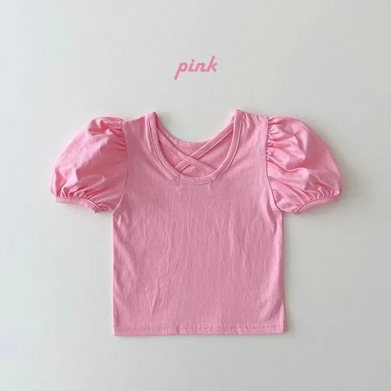 Girls T-shirt Children\'s Clothes Short Puff Sleeved Back Baby Shirt Cotton 2024 Summer Kids Solid Color Top Tees Korean Style