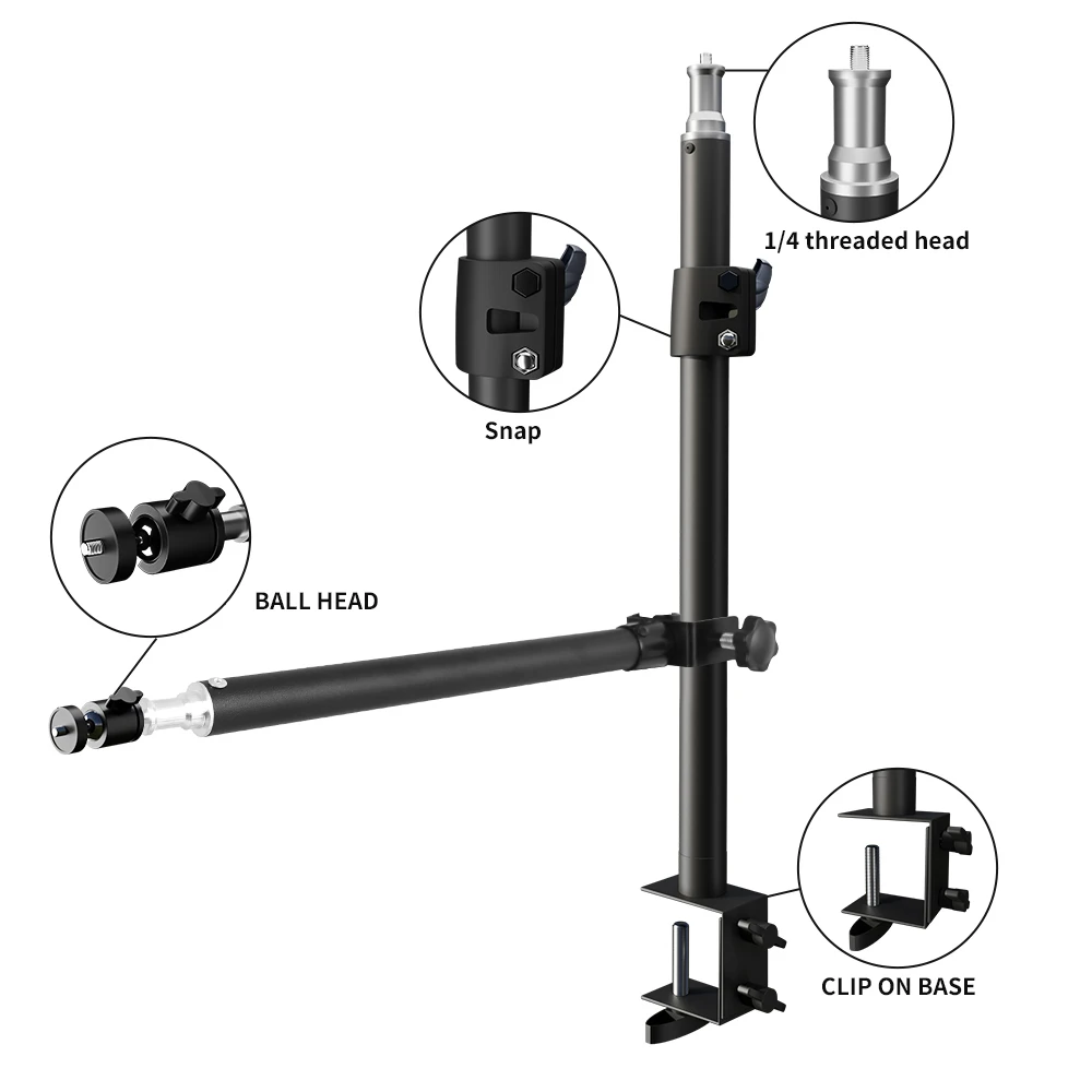 Soporte en C de montaje de escritorio con brazo Horizontal, con brazo de sujeción auxiliar Flexible, cámara aérea, mesa de cámara web, soporte de