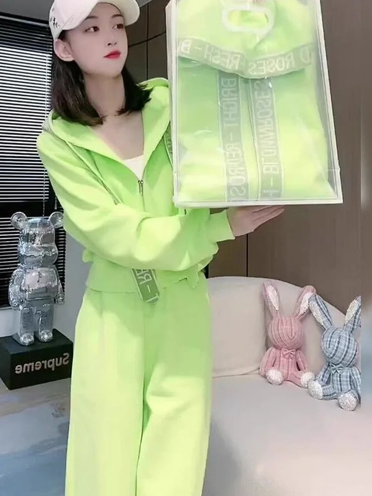 

Комплект из двух предметов: худи большого размера и брюки с высокой талией, скрывающие недостатки фигуры, повседневные, свободного кроя, на молнии, весна-осень