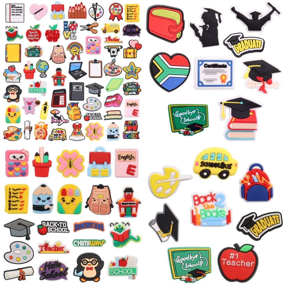 

8-55Pcs School Bag Calculator Pencil Scissors Schoolbus Book PVC Shoe Charms Hole Shoes Ornaments Sandals Shoes Accessories