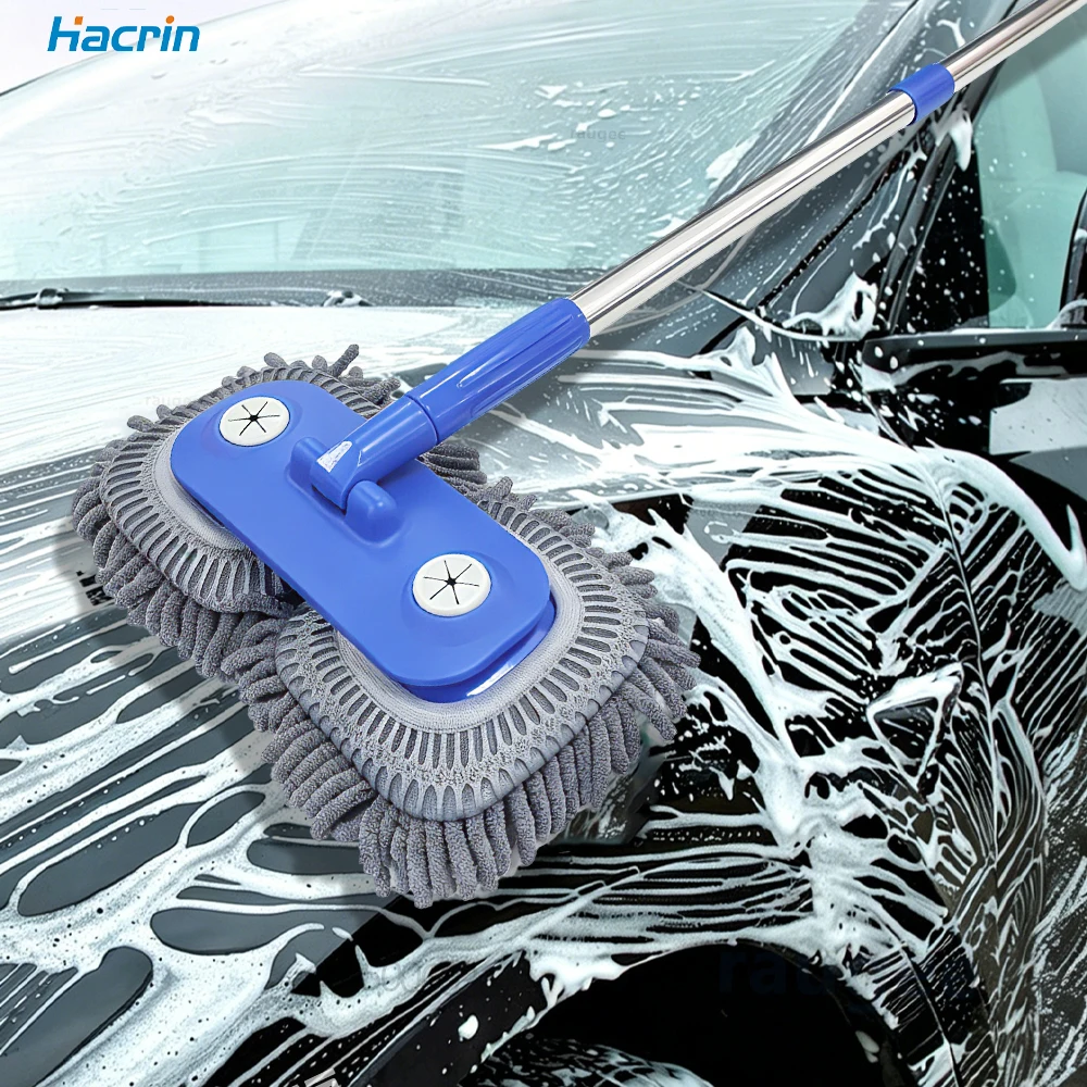 Car Wash Brush with Long Handle Double Head Car Cleaning Brush with Removable Scratch-Free Chenille Brush Head Wash Mop for Car