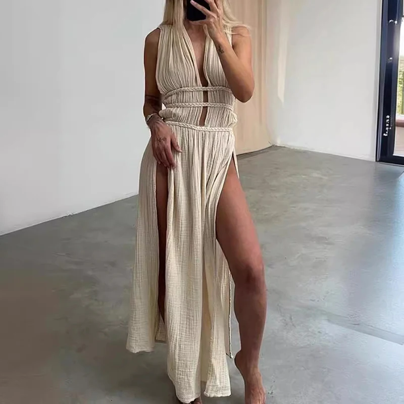 Casual Summer Boho Maxi abiti per le donne 2024 Sexy High Split Hollow Out Flowy Long Dress Beach Cover Ups Party Vestidos