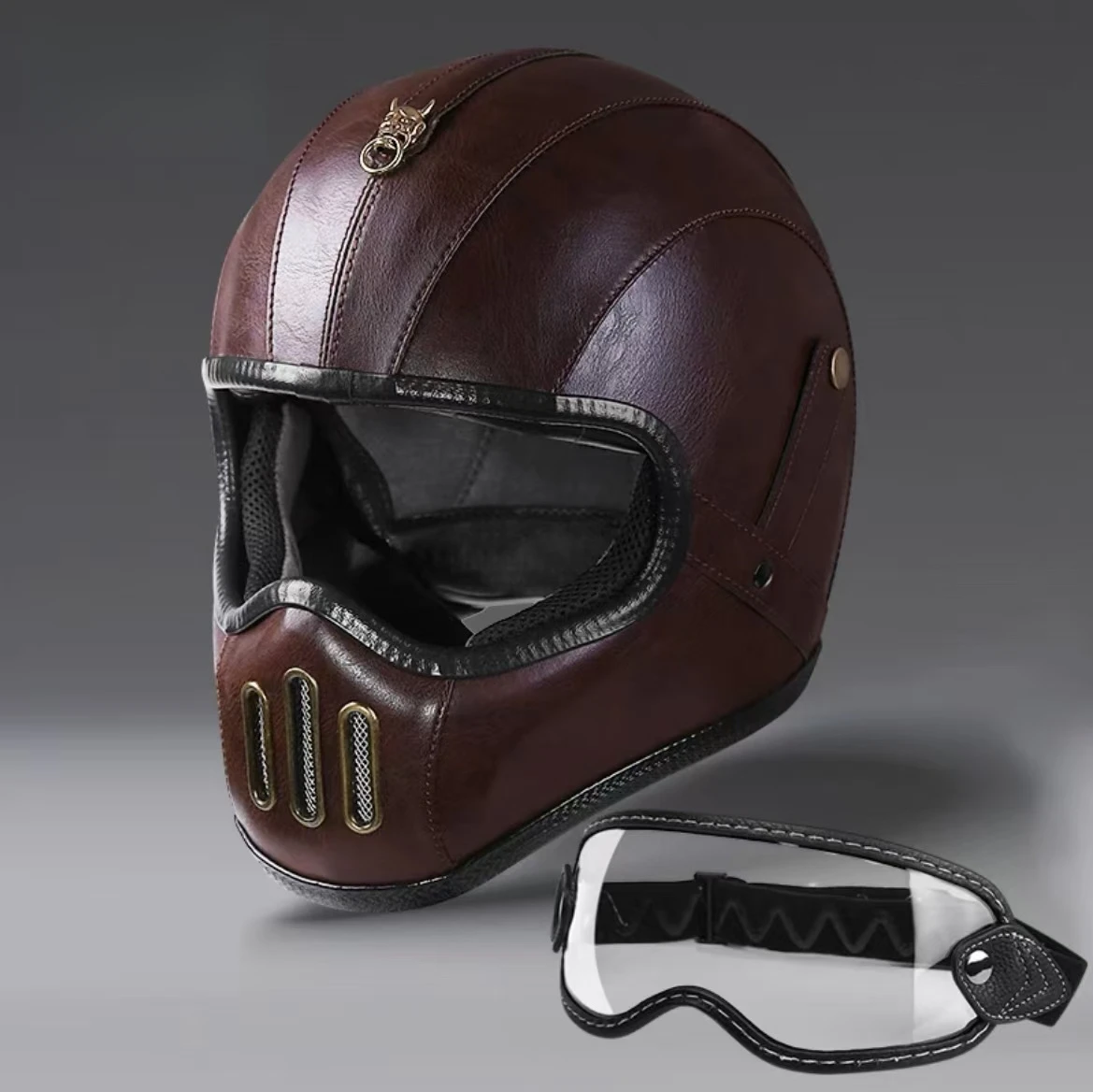 DOT Certification Coffee Leather Helmet Harley Retro Road Cruising Full Helmet Riding Motorcycle Fiberglass Motorbike Helmet