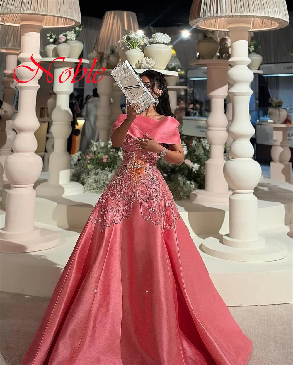 Customized Exquisite Pink Satin Evening Dress Temperament  Boat Neck Off the Shoulder Short Sleeves Zipper Back Celebrity Gowns