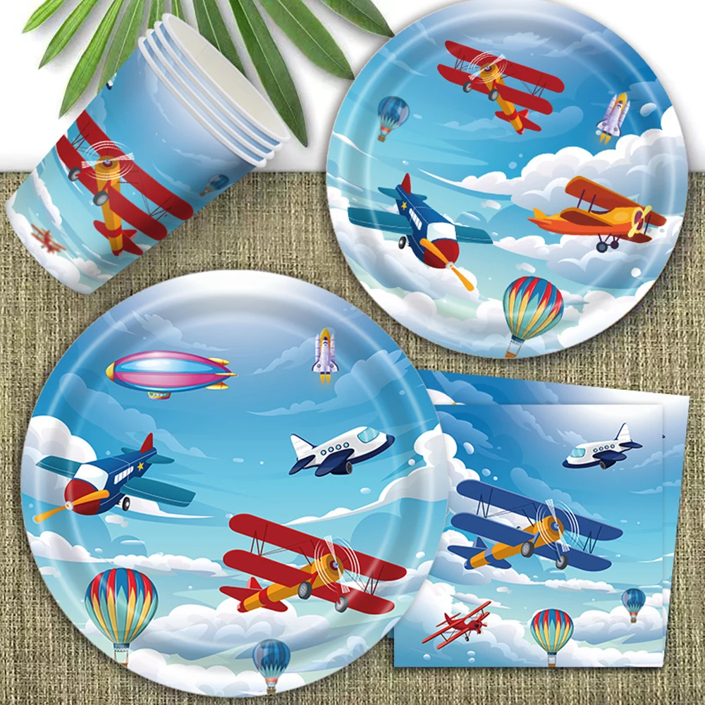 Flugzeug Party Dekoration Geschirr Teller Servietten Tassen Folien Ballon Kinder Flieger Flugzeug Geburtstag Dekor Jungen Baby Dusche Liefert – Detail 4