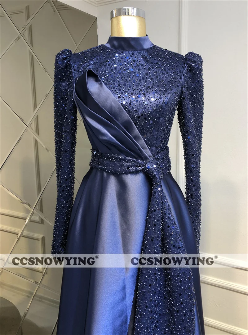 Navy Blue Satin Sequin Muslim Evening Dresses Long Sleeve Hijab Islamic Formal Party Gown Arabic Dubai Women Robes De Soirée