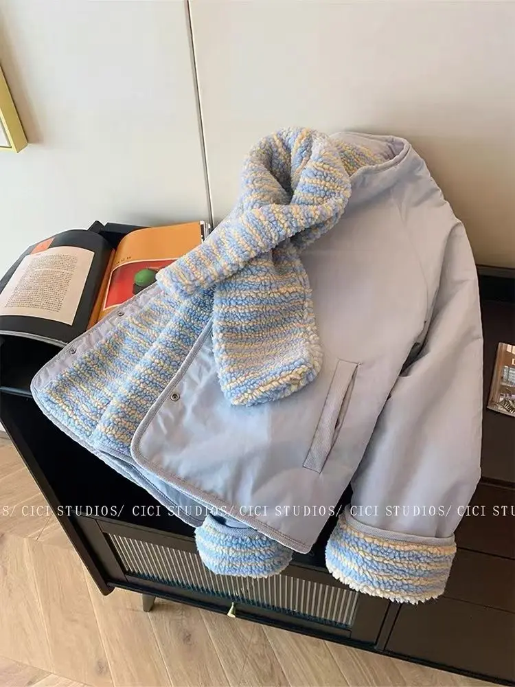 블루 램 울 양면 면 의류, 여성용 겨울 2025 신상 캐주얼 따뜻한 숏 코트