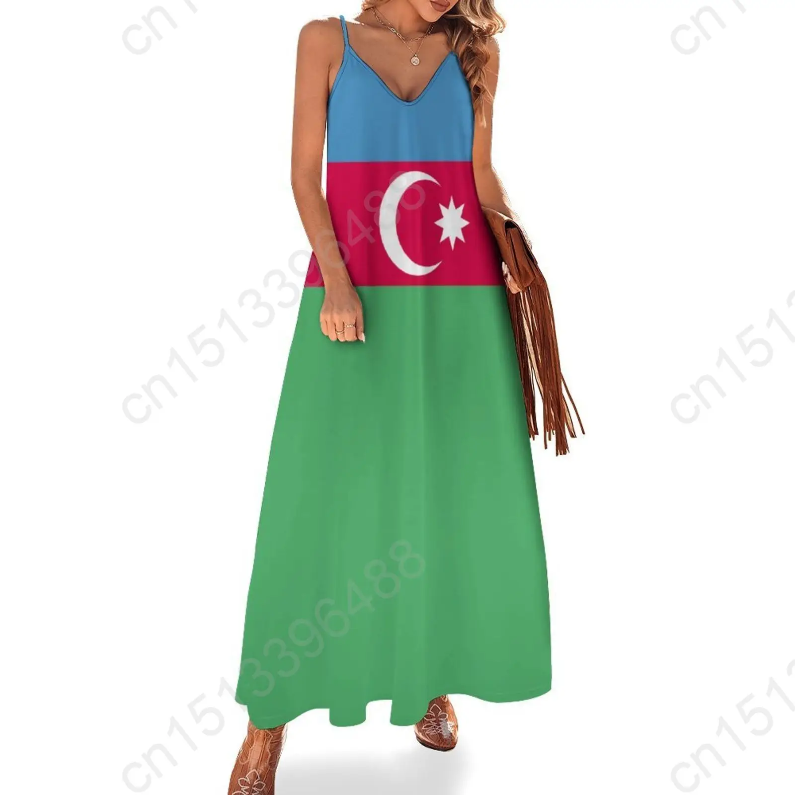 

Azerbaijan Flag Print New Casual Sleeveless Long Dress Women's V-Neck Printed Dress Swing Retro Dresses