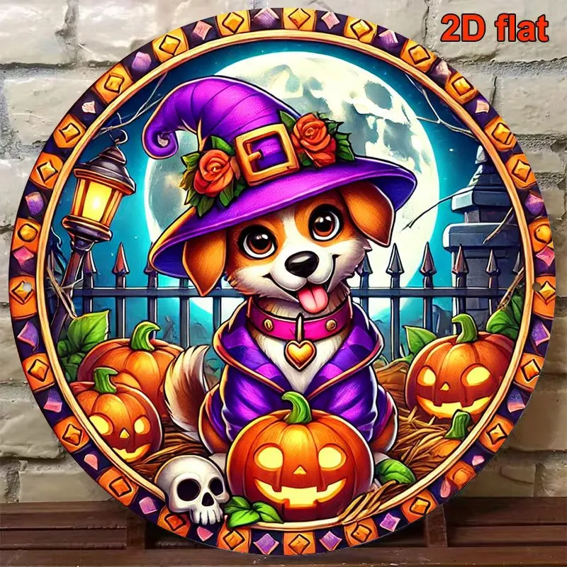 2D Flat, 1pc 8x8in/20x20cm 2D Flat Round Sign, Vintage Decorative Plaque Featuring a Cute Halloween Dog, Halloween Themed Decora