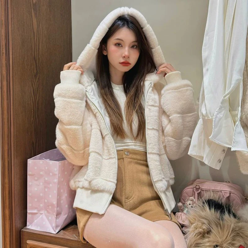 Soft Faux Mink Hooded Jacket Women Zip Up Ribbed Trim Coat Cozy Streetwear Winter Outerwear Top