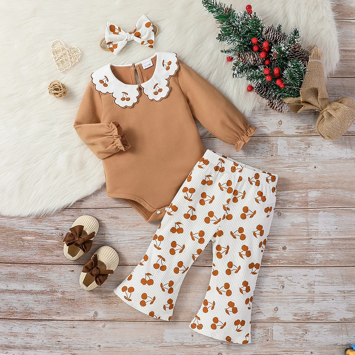 Baby Girl Honey  Fall Outfits Cherry Embroidered Doll Collar Long Sleeve Romper + Flare Pants For Newborn-18M 2Pcs Clothes Set