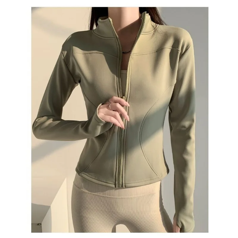 Women Fleece Lined Stand Collar Yoga Jacket Slim Fit Thermal Zip Up Sports Outerwear For Autumn Winter