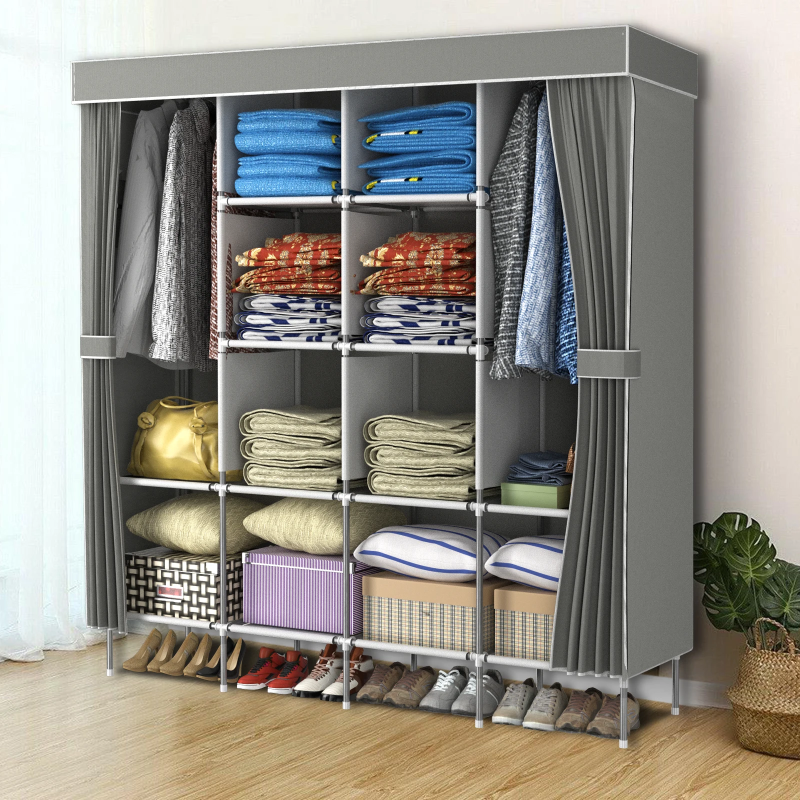 Canvas Wardrobe Portable Closet Wardrobe Clothes Storage with 4 Shelves,With Hanging Rail,Quick and Easy Assembly,Grey