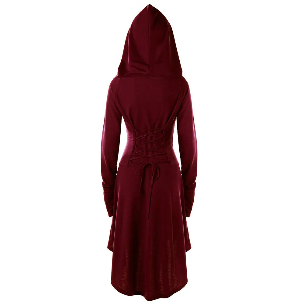 Gothic Vinatge Hooded Dress For Women Long Sleeve Bandage Slim Waist Belted Cloak Dresses Medieval Lace Up Vestidos Halloween