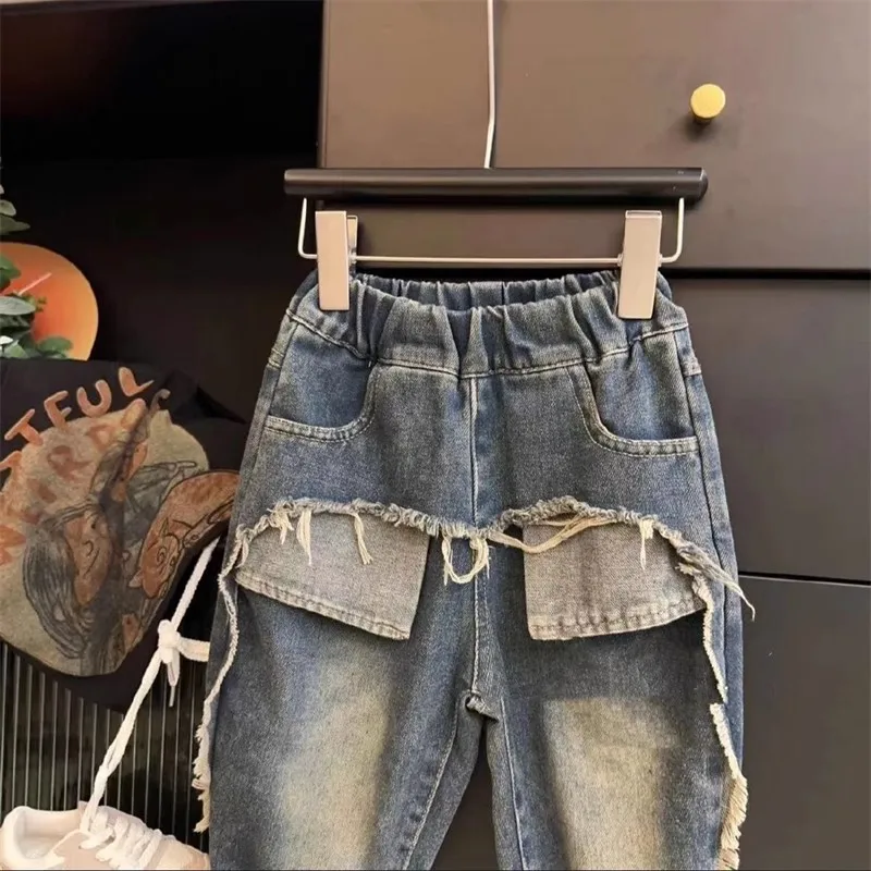 Boy Girl Korean style ripped jeans 2024 Spring Autumn back pocket rough edges washed trendy fried street all-matching