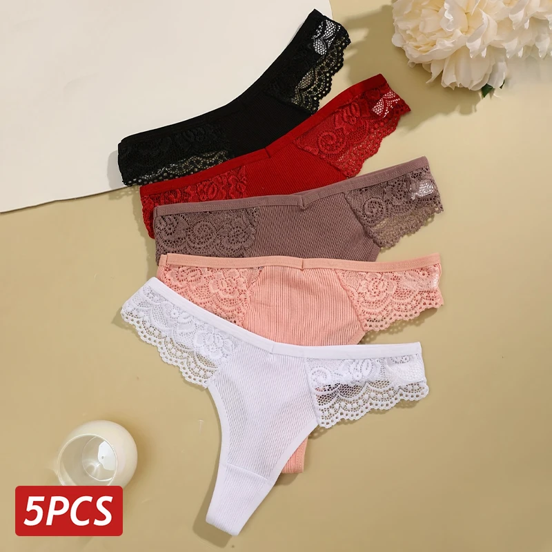 

5PCS Women Cotton Panties Sexy LaceTransparent G-String Thong Female Breathable Underwear Solid Color V Waist Intimates Lingerie