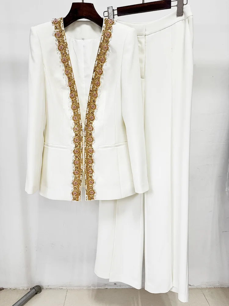 HIGH STREET Newest 2026 Designer Suit Women Gold Beaded Sequins Zipper Long Sleeve Jacket Pants Suit 2pcs Set ﻿