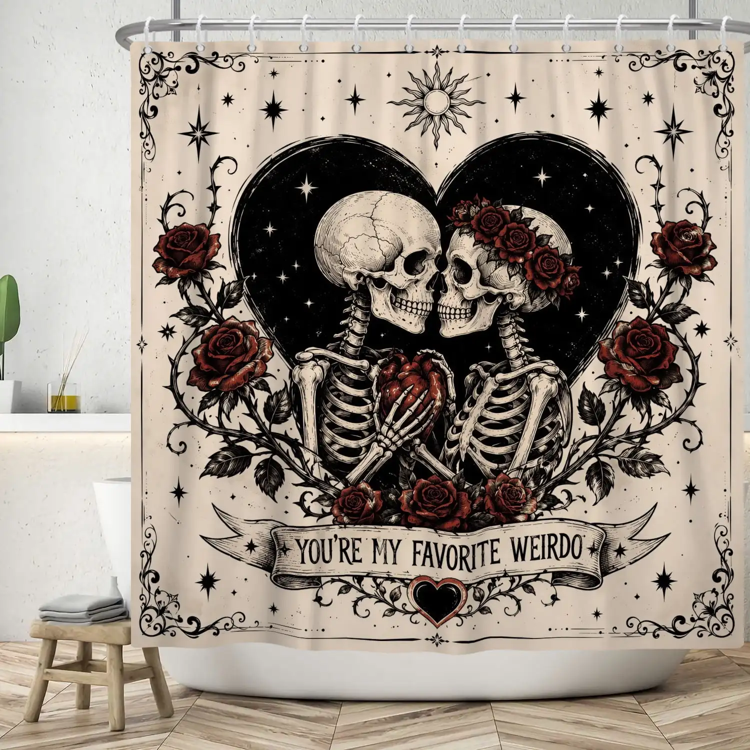 Skull Shower Curtain Gothic Skeleton Fabric Bathroom Curtains Decor with Hooks 72x72 in