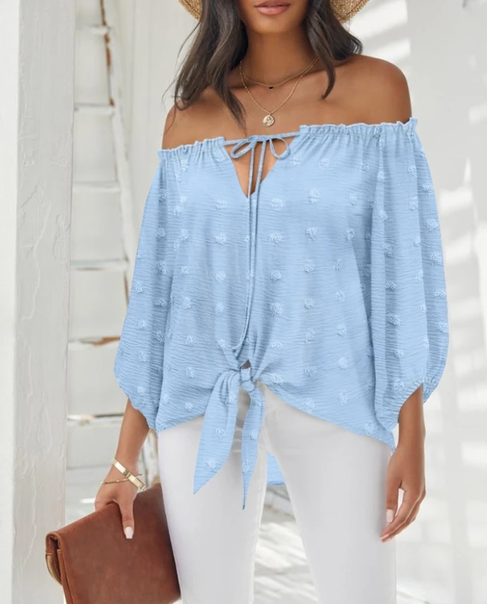 

Top jacquard polka dot off shoulder long sleeved lace up shirt