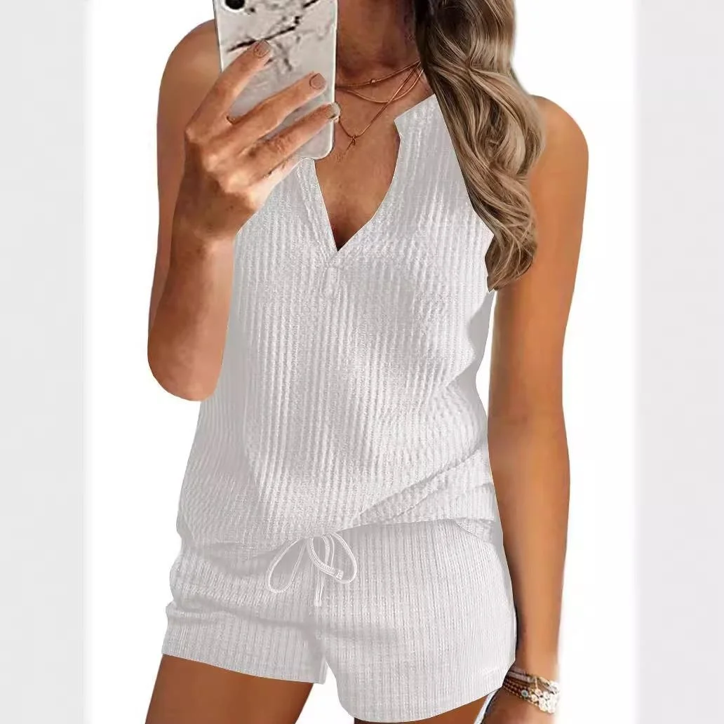 Colete feminino para casa, conjunto de camiseta com gola esportiva, peça completa, calças de cinco quartos, roupa de verão para adultos
