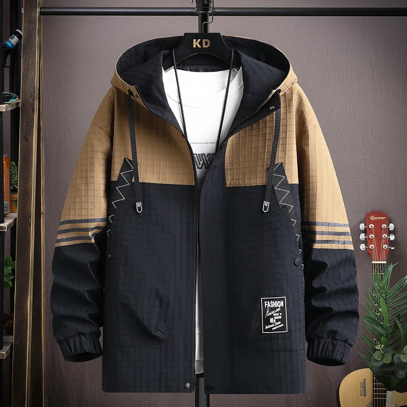 New 2024 Spring Autumn Men's Hooded Plaid Jackets Casual Streetwear Loose Coats Youth Windbreaker Plus Size M-4XL Tops Clothing