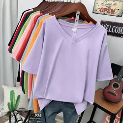 EBAIHUI Plus Size T-Shirt z solidnym dekoltem w szpic 100% bawełniany L-6XL Top damski z krótkim rękawem proste lato para oversize T shirty