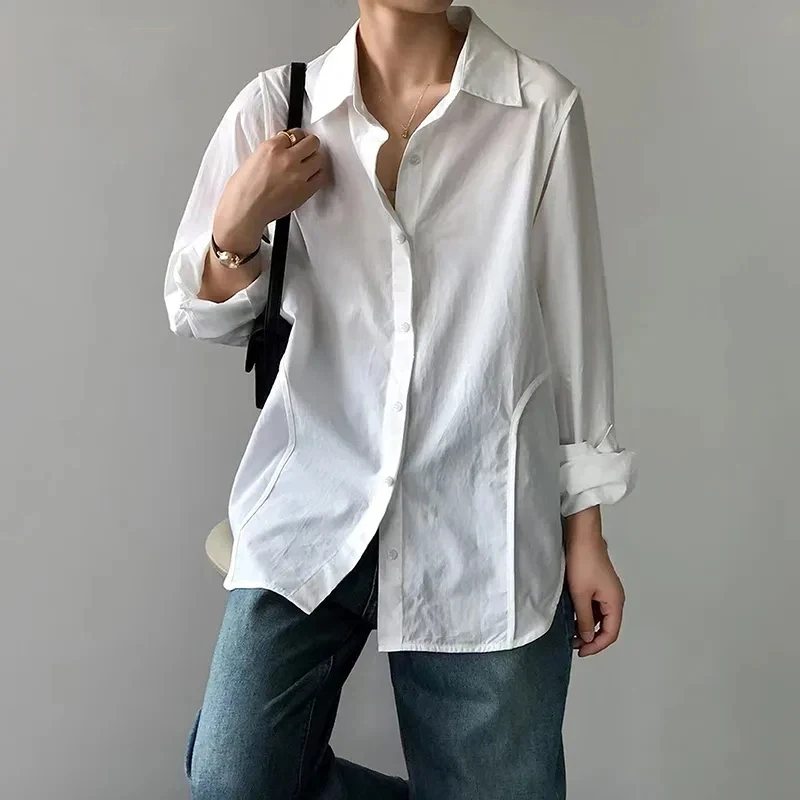 

Женская белая рубашка с длинным рукавом во французском стиле, свободная блузка с минималистичным дизайном