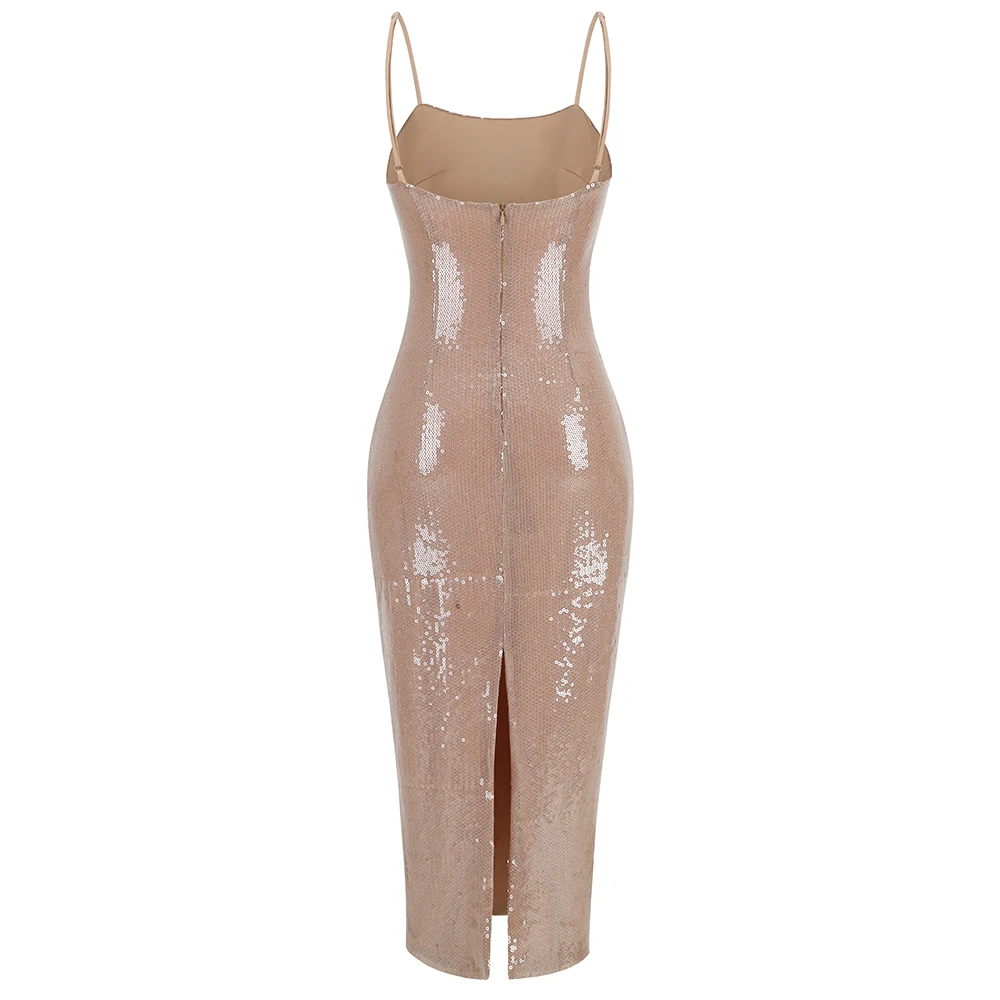 New sexy sequin backless suspender dress, women's slim sequin beaded hem with a split party dress in the mid length