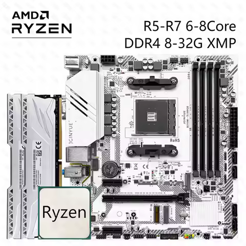 JGINYUE B350M Motherboard Set MATX with Ryzen 1000-3000 DDR4 8-32G Suppoet M.2 NVME PCIE Protocol WIFI ARGB 4x SATA 3.0