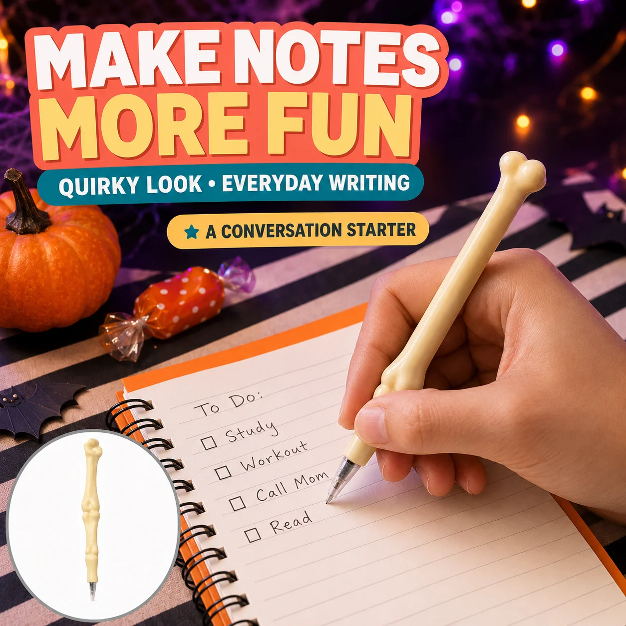 10-Pack Halloween Fake Bone-Shaped Pens, with Realistic Bone Appearance and High Visibility, Smooth and Consistent Ink Flow, Quirky Stationery, Party Favors, Creative Souvenirs, a Fun and Novel Gift for Friends Random Styles Shipped