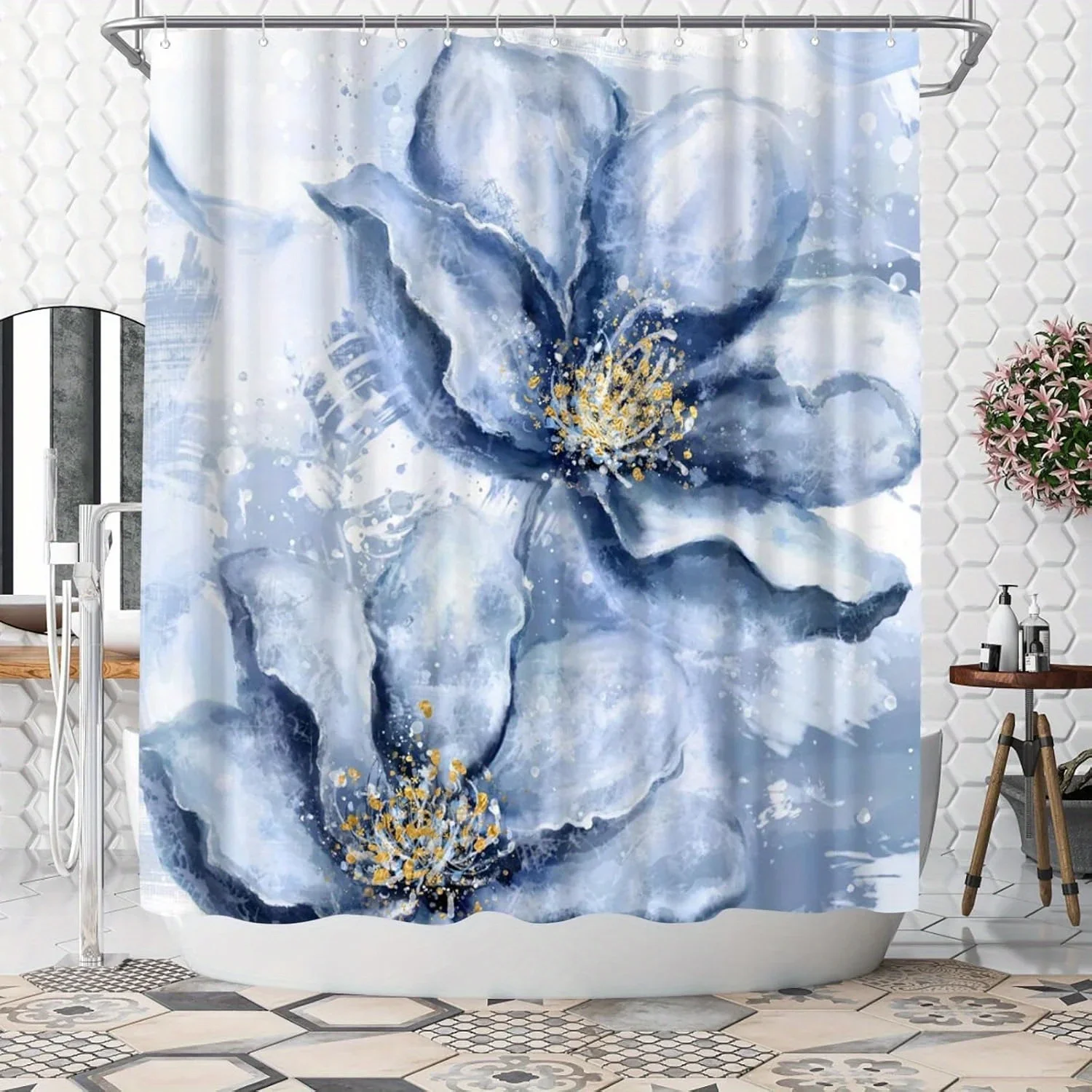 

1 шт. Синяя занавеска для душа с цветочным принтом — элегантные синие цветы, золотые акценты, полиэстер, 12 крючков, стильный декор для ванны