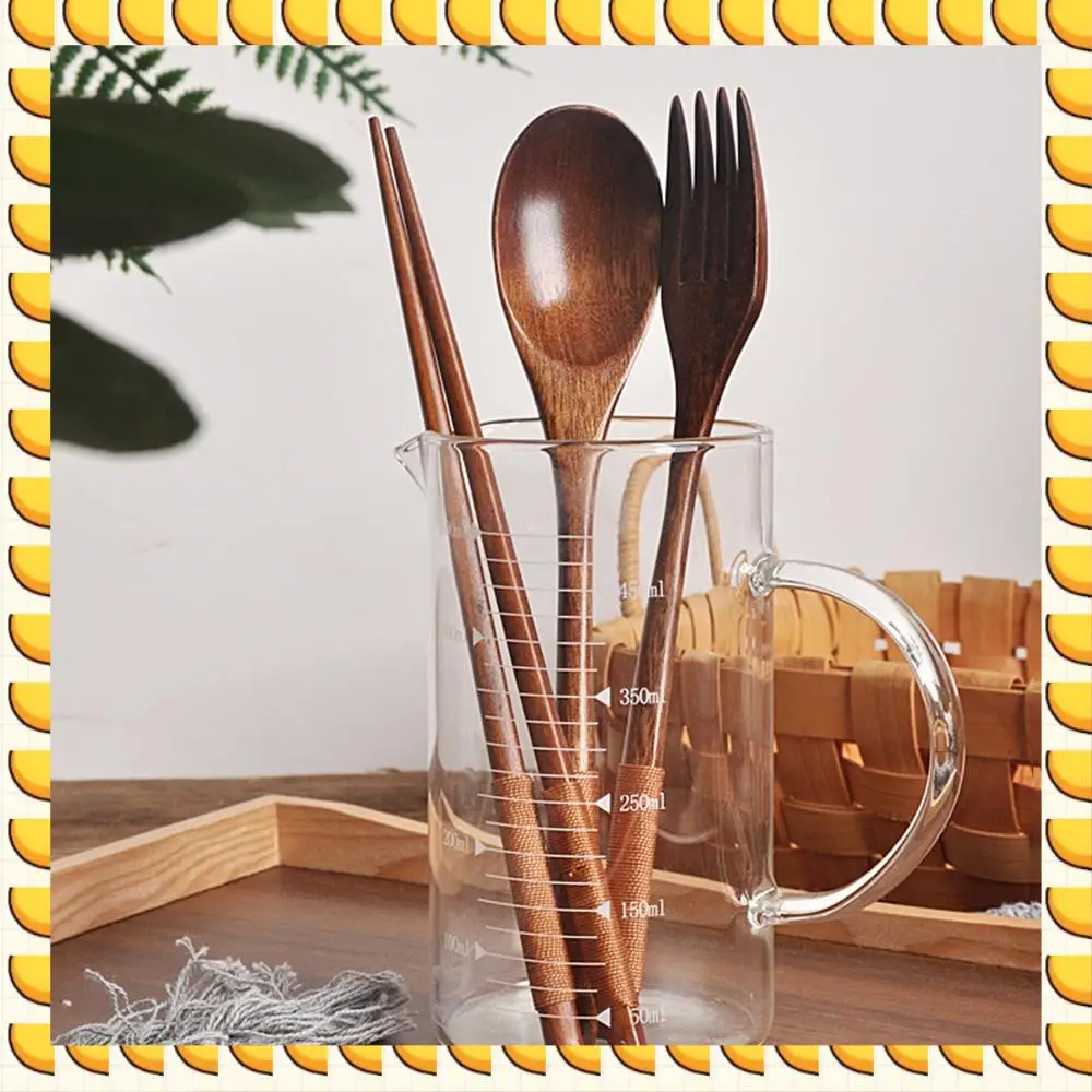 

BAAU Wooden Flatware Set, Wooden Portable Set Spoon Fork Chopsticks Tableware Dinnerware With Khaki Twining Thread