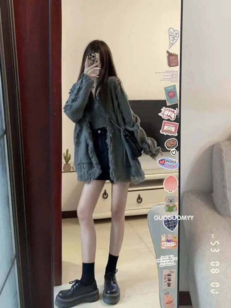 Three-piece Set Spring and Autumn Gentle Wear Women's Set Lazy Style Cardigan Sling Denim Shorts