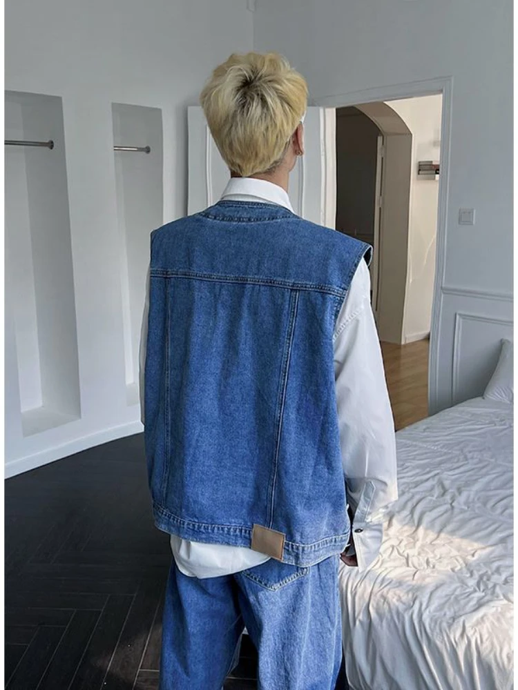 Gmiixder Jeans 2pcs Suit Men Trend Korean Handsome Casual Denim Vest Jacket High Street Jeans Two-piece Suit/Single Streetwear