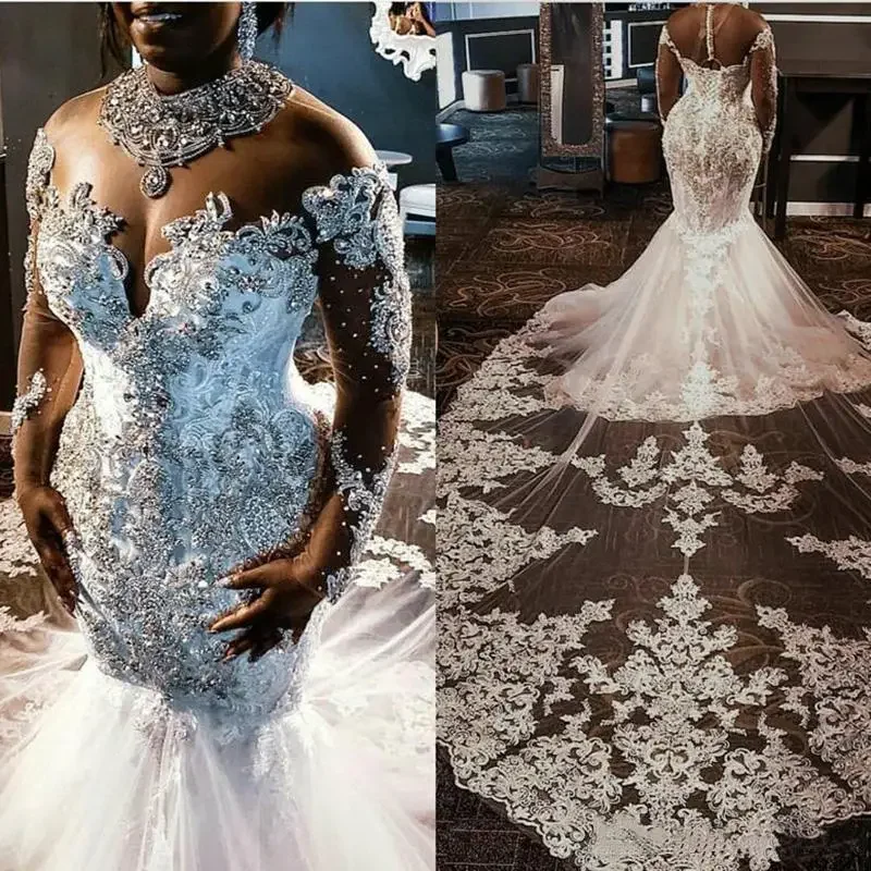 

Customized Sheer Mesh Top Lace Mermaid Wedding Gowns Tulle Applique Beaded Crystals Long Sleeves Bridal Dresses Train