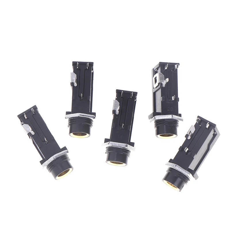 5Pcs DIY 6.35/6.5MM Jack Gold Plated 4P Stereo Dual Channel Microphone Socket Chassis Audio Adapter Nut Straight Jack Connector