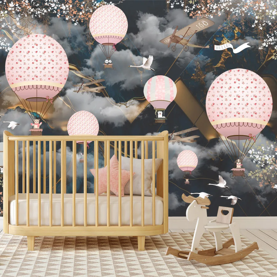 Custom Cartoon Easy to Apply Self Adhesive Wallpapers for Living Room Wall Papers Home Decor Kids Bed Plane Balloon Sky TV Mural