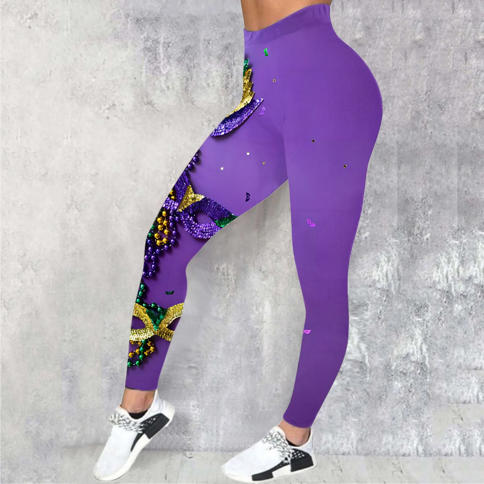 Frauen Mardi Gras Leggings Hohe Taille Druck Karneval Leggings Casual Bunte Print Festival Hosen