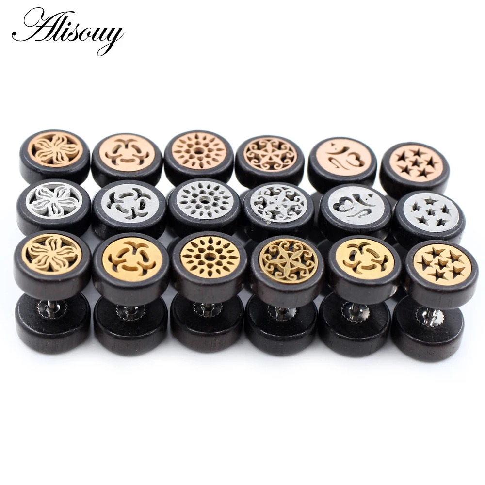 Alisouy 2PCS Stainless Steel Star Flower Natural Wood Punk Ear Stud Earrings Tragus Barbell Fake Ear Plugs Brincos For Men Women