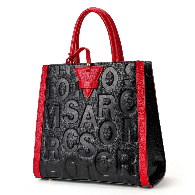 Vintage Embossed Letter Cow Leather Tote Bag Ladies Red Trim Handbag Detachable Adjustable Crossbody Shoulder Strap