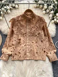 Vintage Lace hollow out blouse for women 2024 Summer Beach Luxury Lantern sleeve shirt Lady Solid color Top Pink INKEO 4T190