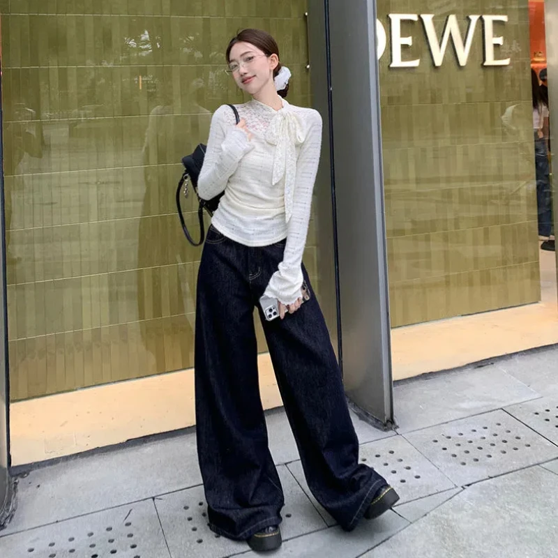 Temperament Lace Slim T Shirts Spring Autumn New Long Sleeve Bow Bandage Youth Elegant Short Tops Sexy Fashion Women Clothing