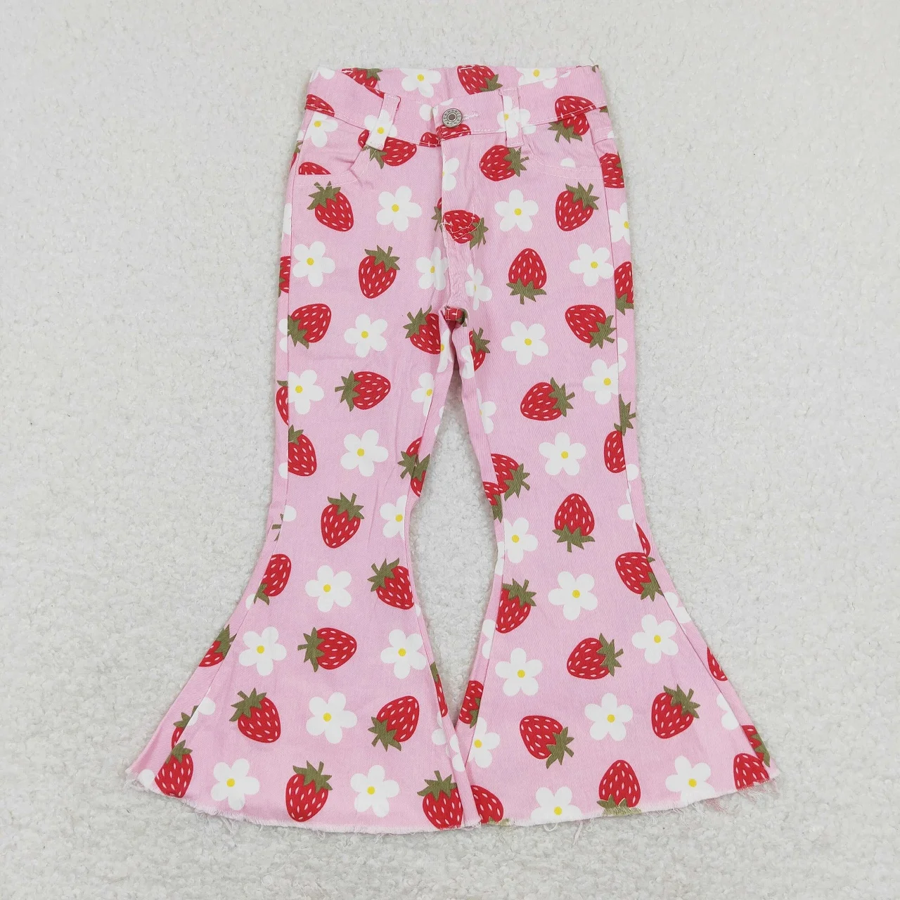 

Wholesale Baby Girl Denim Bell Bottom Pocket Pants Strawberry Floral Pink Trousers Kids Jeans Children Toddler Clothing