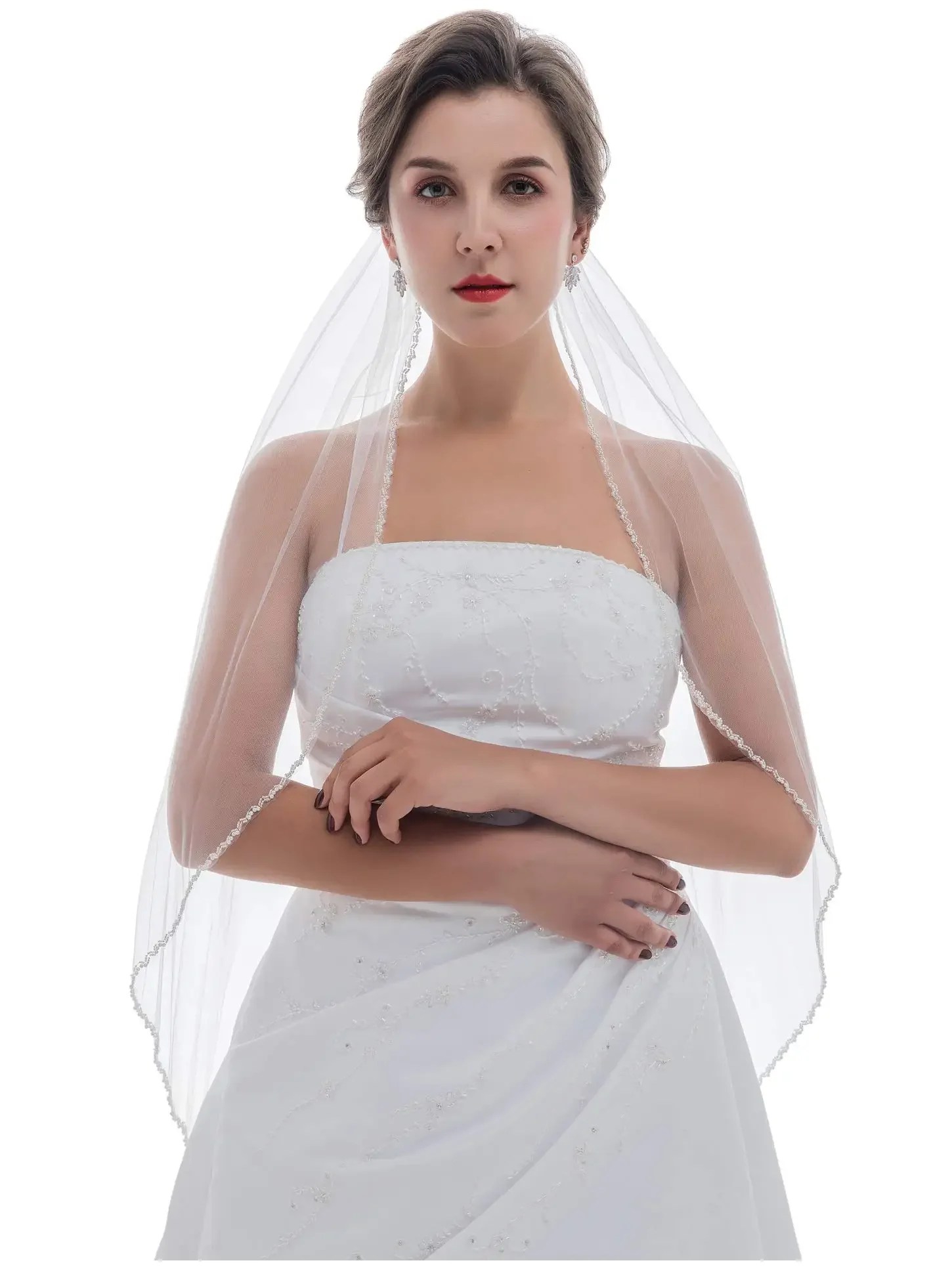 

1T 1 Tier Double Row Wavy Pearl Crystal Edge Bridal Veil
