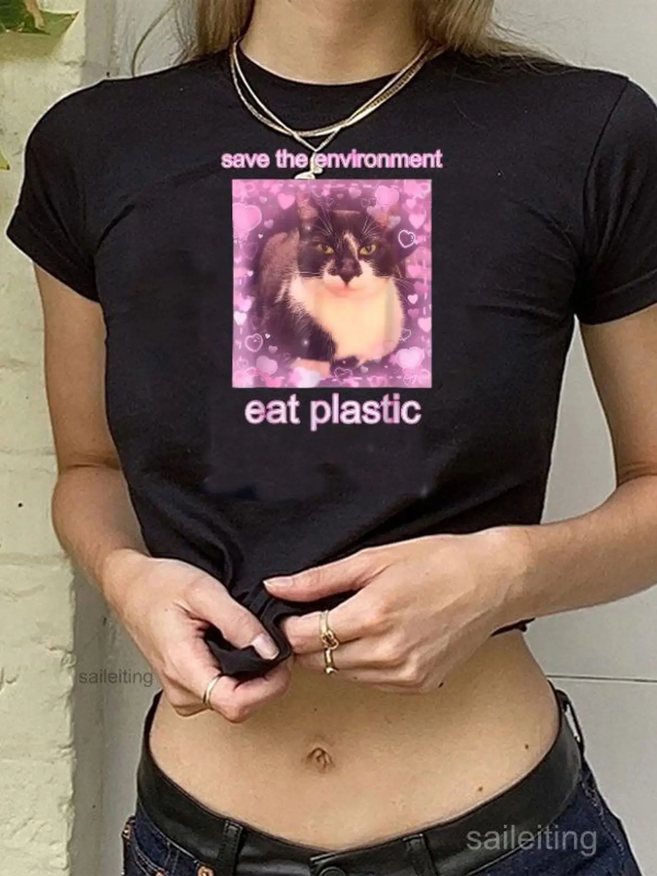 Save The Environment Eat Plastic Cat Graphic Print Crop Top - Funny Ironic Irony Tee, Short Sleeve Summer Cotton Shirt, Cute