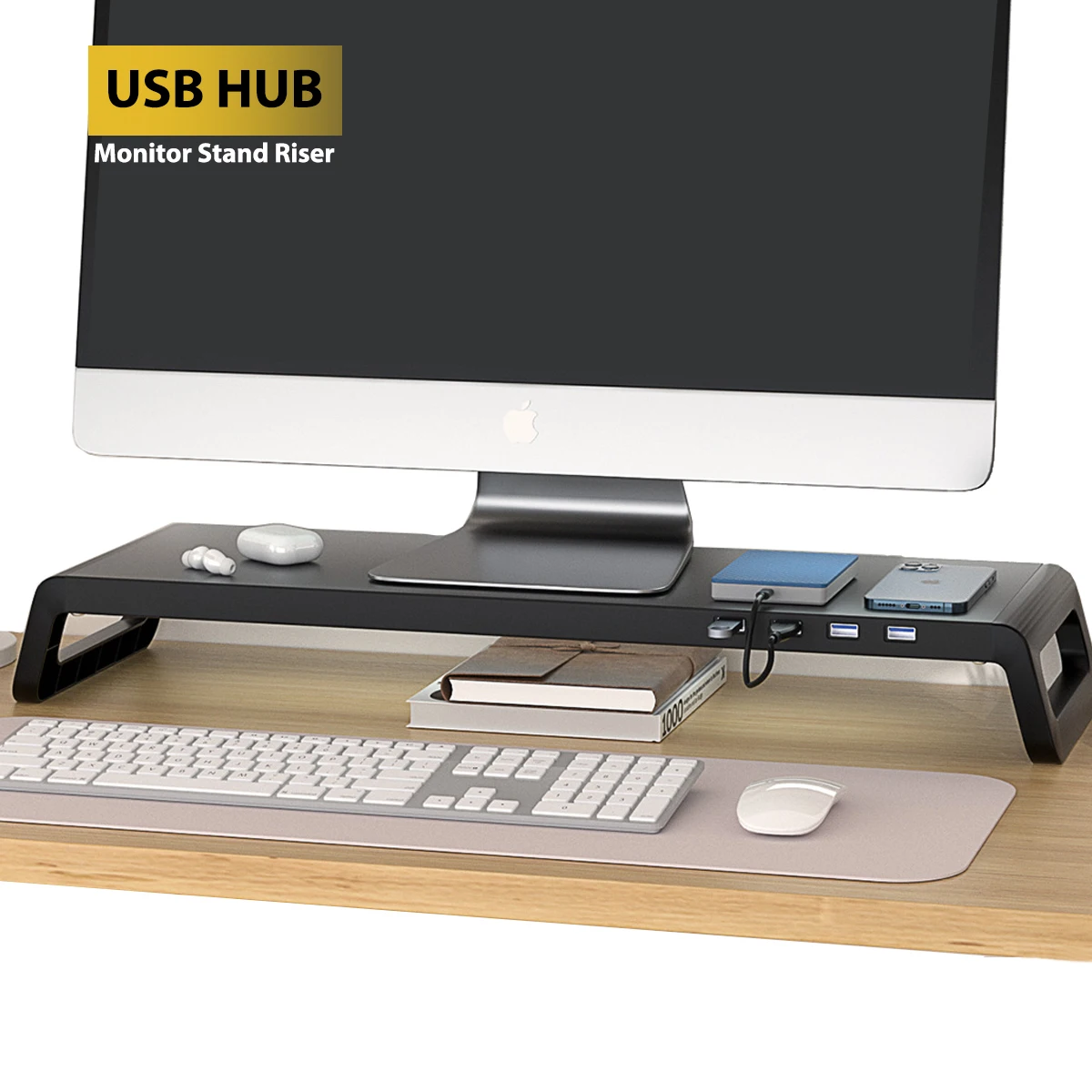 Computer Monitor Stand with 4 USB 3.0 Ports Durable Metal Monitor Support PC Keyboard Organizer Laptop Desktop Black Desk Stand