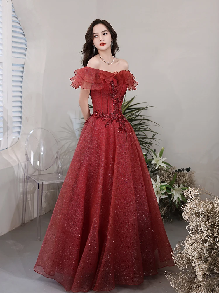 Bridalaffair contas de luxo ruffled prom dres fora do ombro a linha vento vermelho tule vestido de noite longo vestido de dama de honra robe de soirée