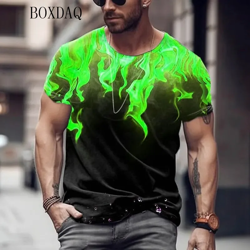 Summer T Shirt For Men Colorful Flame Graphic 3d Print Men's T-Shirt Fashion Street Trendy Oversized-Shirt Casual Male Tops Tees